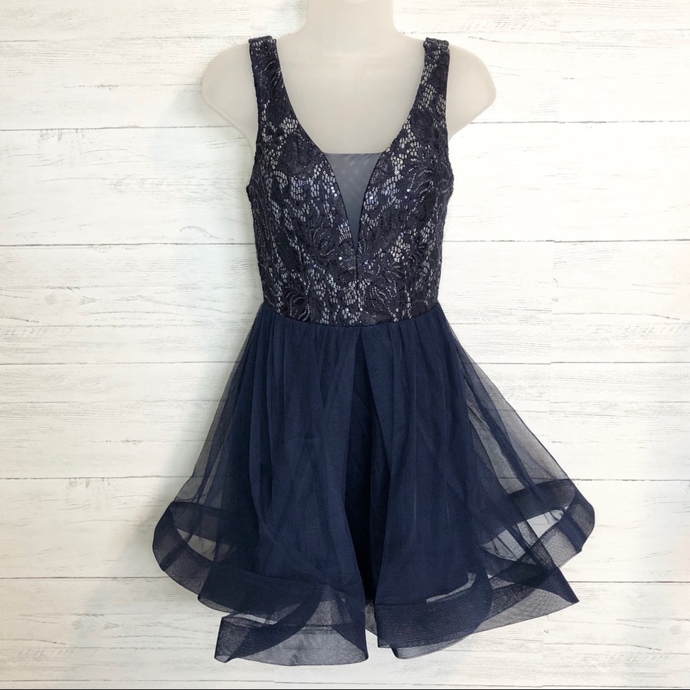 Crystal Sky navy sequin & tulle formal dress